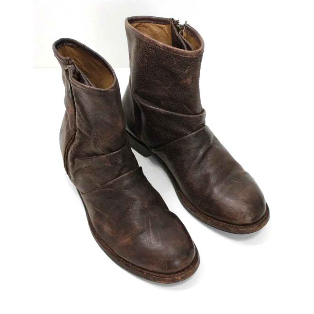 John Fluevog Size W 11/M 9 MALCOLM Brown Distressed Leather Zip Ankle Boots Moto